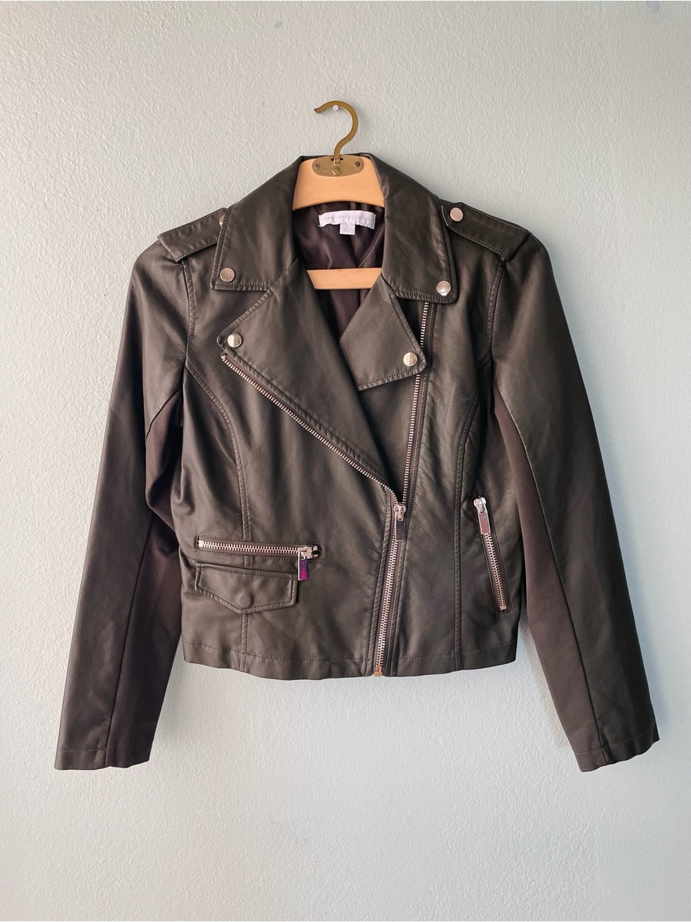 New York & Company | Dark Olive Green Faux Leather Grunge Biker Jacket